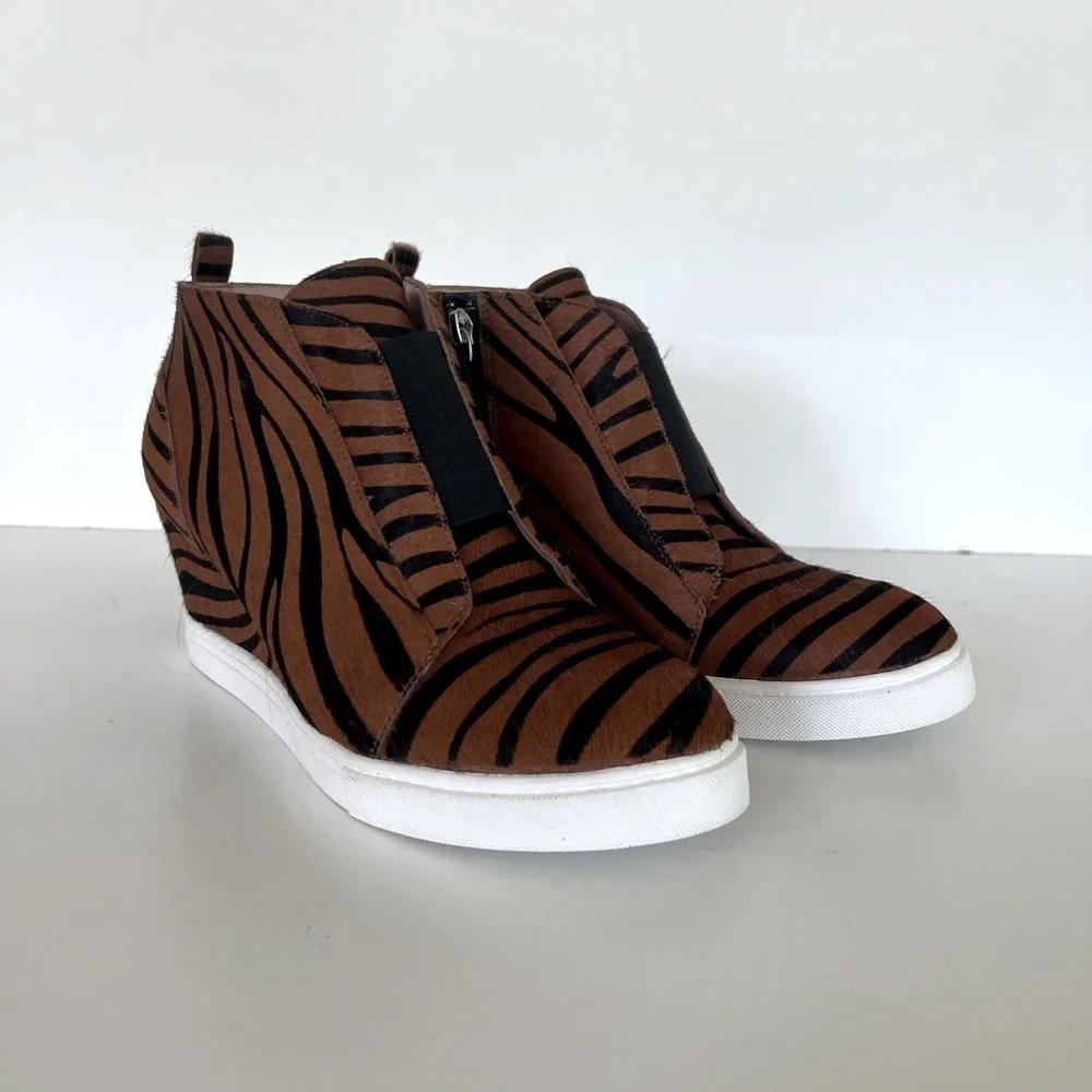 Linea Paolo Felicia III Wedge Sneaker, Caramel/Black Tiger Stripe Calf Hair, 7.5